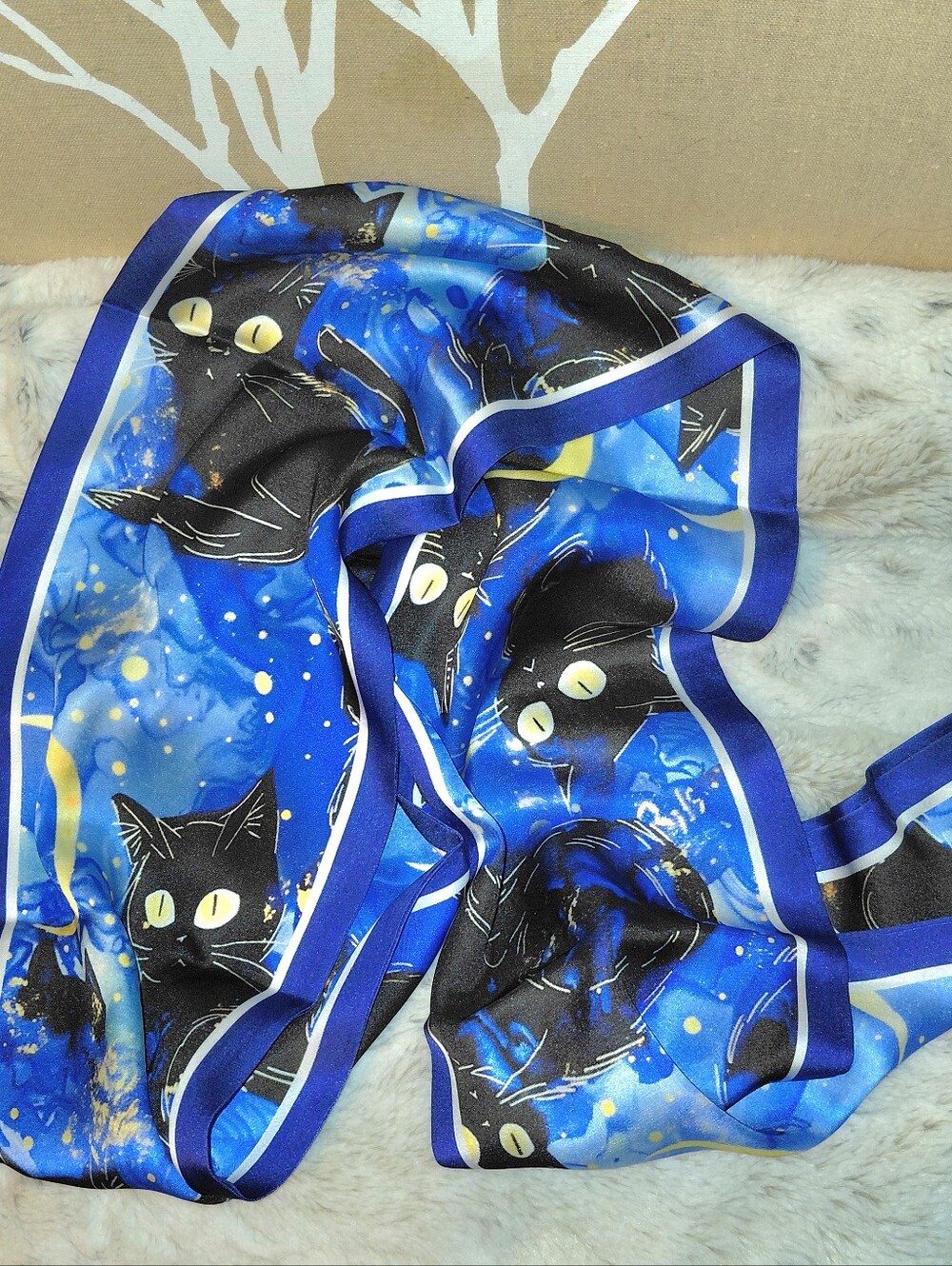 Silky Blue Cat Print Scarf - Blue